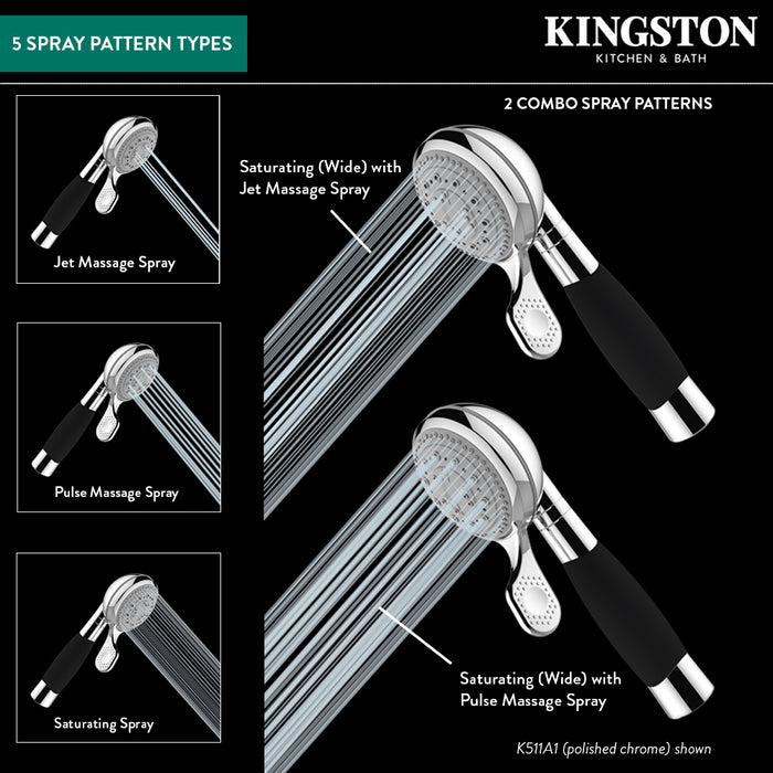 Kingston Brass K511A1 Kaiser 5-Function Hand Shower, Polished Chrome/Black