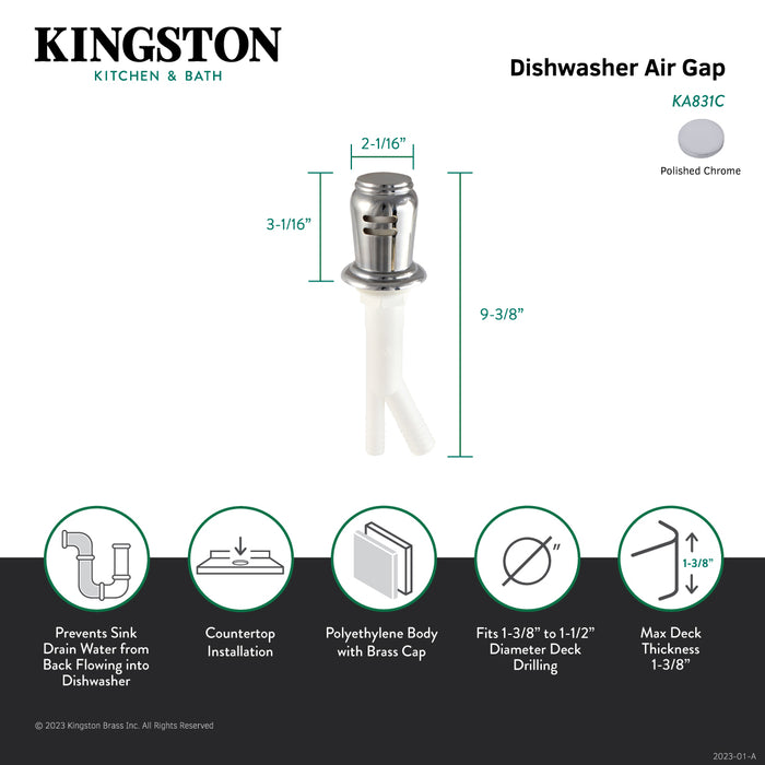 Kingston Brass KA831C Trimscape Dishwasher Air Gap, Polished Chrome