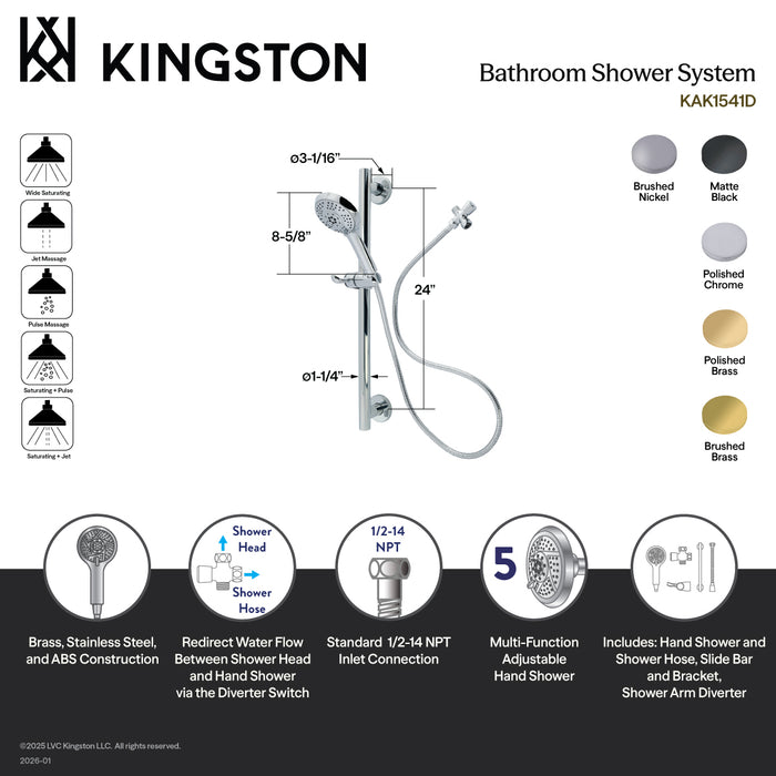 Kingston Brass KAK1541D Made to Match Shower System with 24" Slide/Grab Bar and Hand Shower, Polished Chrome