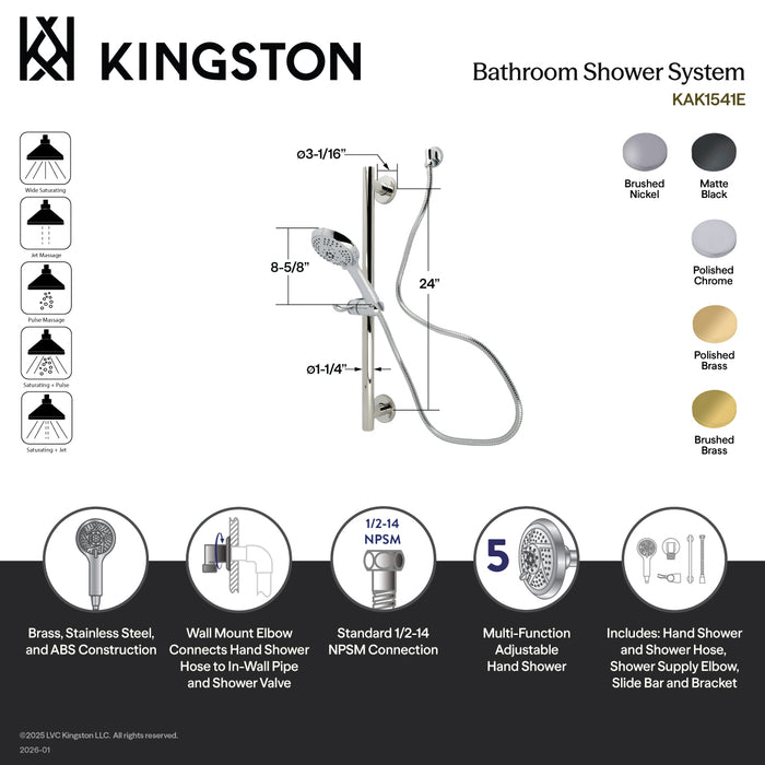Kingston Brass KAK1548E Made to Match Shower System with 24" Slide/Grab Bar and Hand Shower, Brushed Nickel