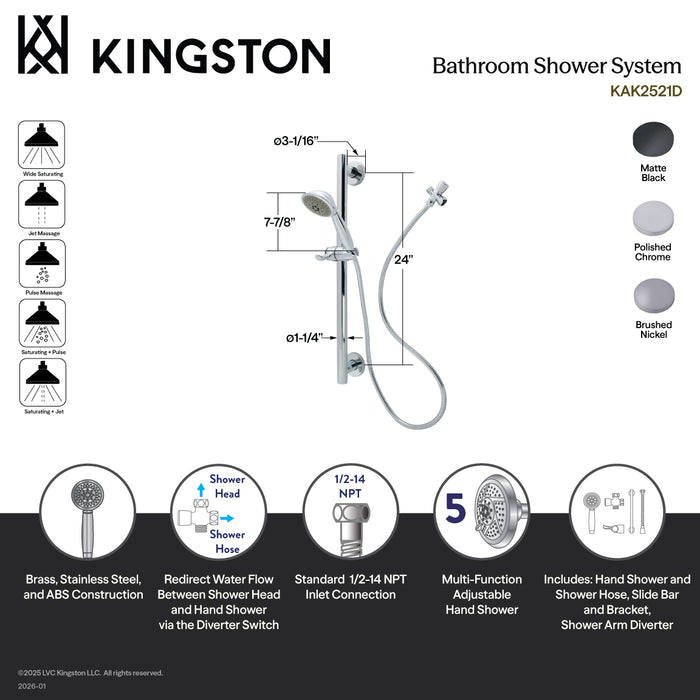 Kingston Brass KAK2528D Made to Match Shower System with 24" Slide/Grab Bar and Hand Shower, Brushed Nickel