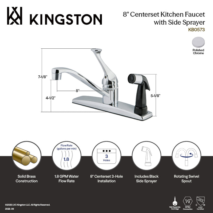 Kingston KB0573 Single-Handle 8" Centerset Kitchen Faucet with Side Sprayer, Polished Chrome