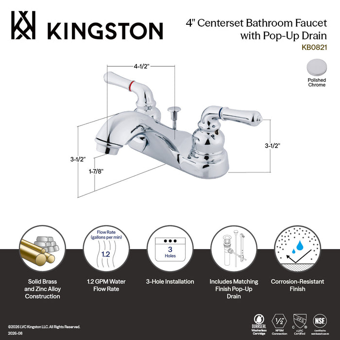 Kingston Brass KB0821 Windsor Double-Handle 4" Centerset Bathroom Faucet with Pop-Up Drain, Polished Chrome