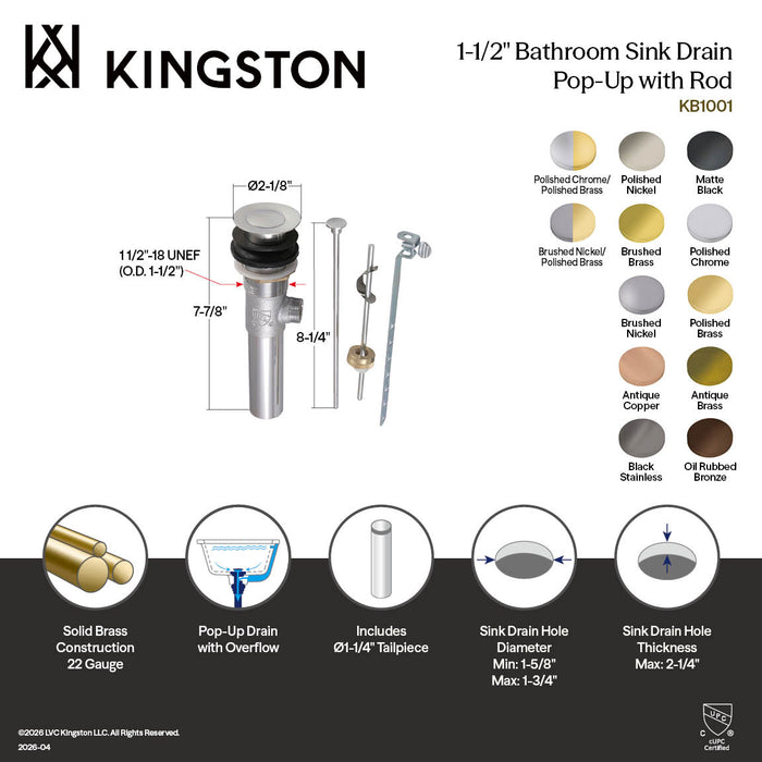 Kingston Brass KB100VN Trimscape Brass Pop-Up Drain with Overflow, 22 Gauge, Black Stainless