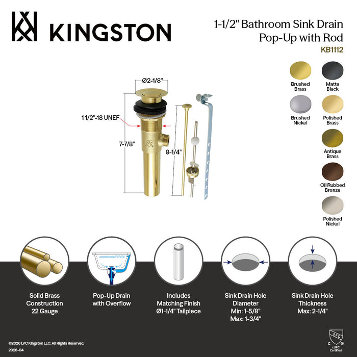 Kingston Brass KB1115 Brass Pop-Up Drain with Overflow, 22 Gauge, Oil Rubbed Bronze