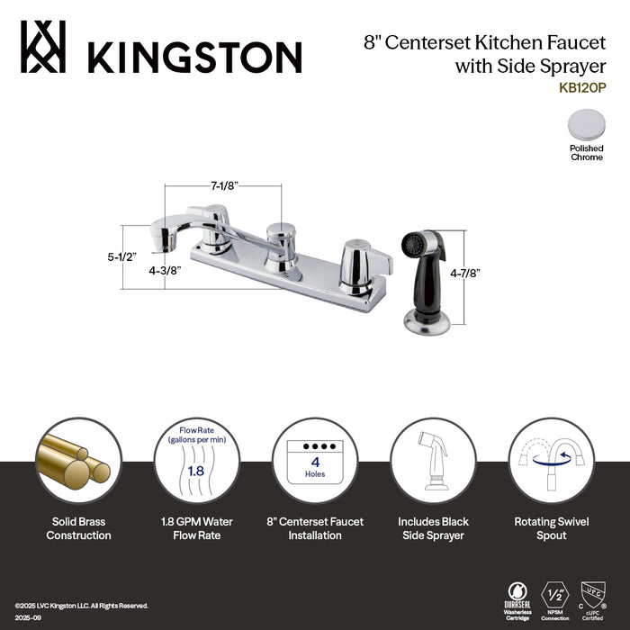Kingston KB120P Two-Handle 8" Centerset Kitchen Faucet with Side Sprayer, Polished Chrome