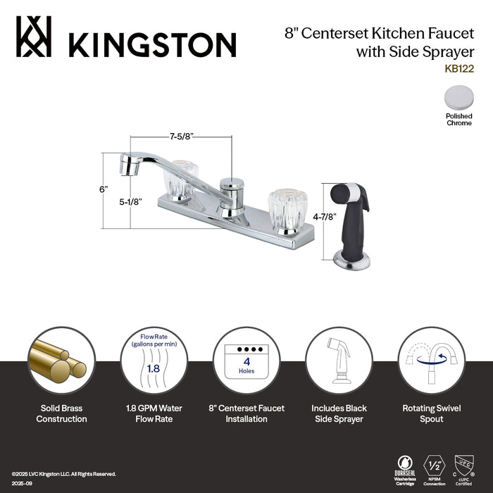 Kingston KB122 Americana Two-Handle 8" Centerset Kitchen Faucet with Side Sprayer, Polished Chrome