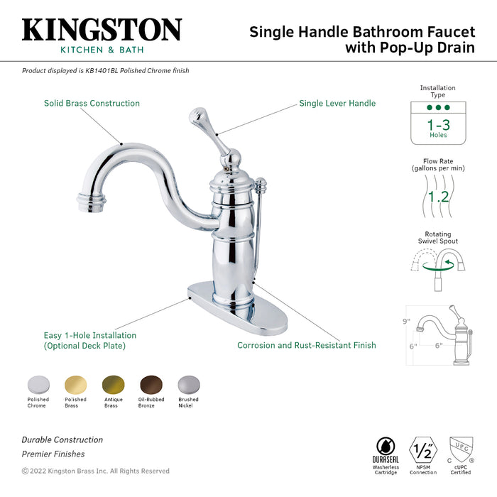 Kingston Brass KB1405BL Victorian One-Handle Single-Hole Bathroom Faucet with Deck Plate and Pop-Up Drain, Oil Rubbed Bronze