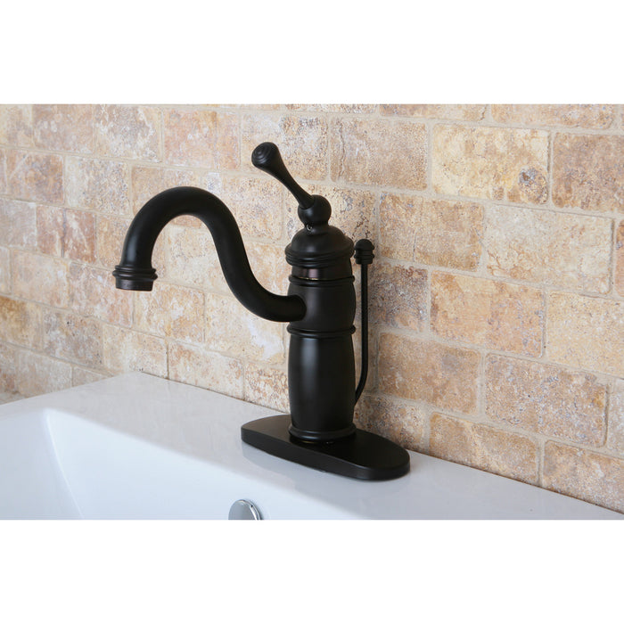 Kingston Brass KB1405BL Victorian One-Handle Single-Hole Bathroom Faucet with Deck Plate and Pop-Up Drain, Oil Rubbed Bronze