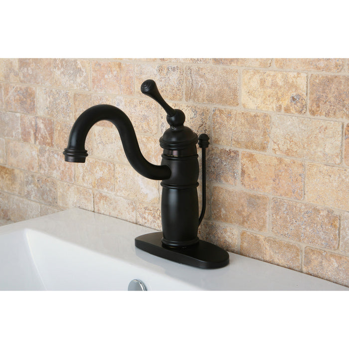 Kingston Brass KB1405BL Victorian One-Handle Single-Hole Bathroom Faucet with Deck Plate and Pop-Up Drain, Oil Rubbed Bronze