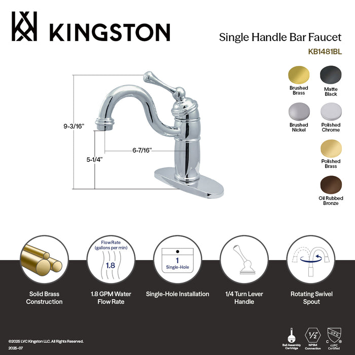 Kingston Brass KB1480BL Vintage Single-Handle Monoblock Bar Faucet, Matte Black