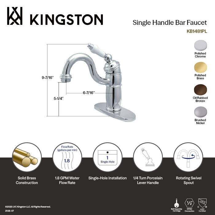 Kingston Brass KB1488PL Victorian Single-Handle Monoblock Bar Faucet, Brushed Nickel