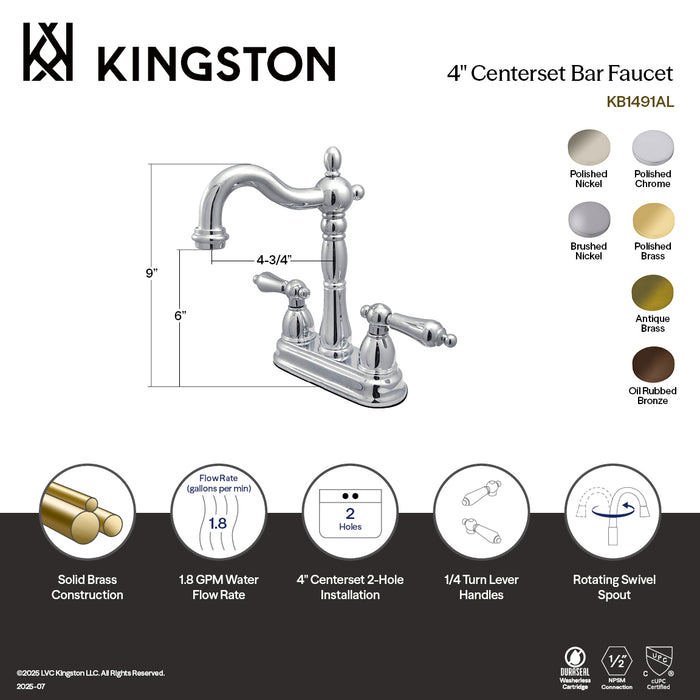 Kingston Brass KB1498AL Heritage Double-Handle 4" Centerset Bar Faucet, Brushed Nickel