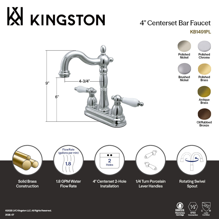 Kingston Brass KB1498PL Heritage Double-Handle 4" Centerset Bar Faucet, Brushed Nickel