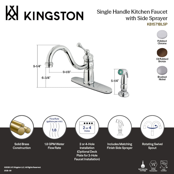 Kingston KB1571BLSP Georgian Single-Handle Kitchen Faucet with Side Sprayer, Polished Chrome