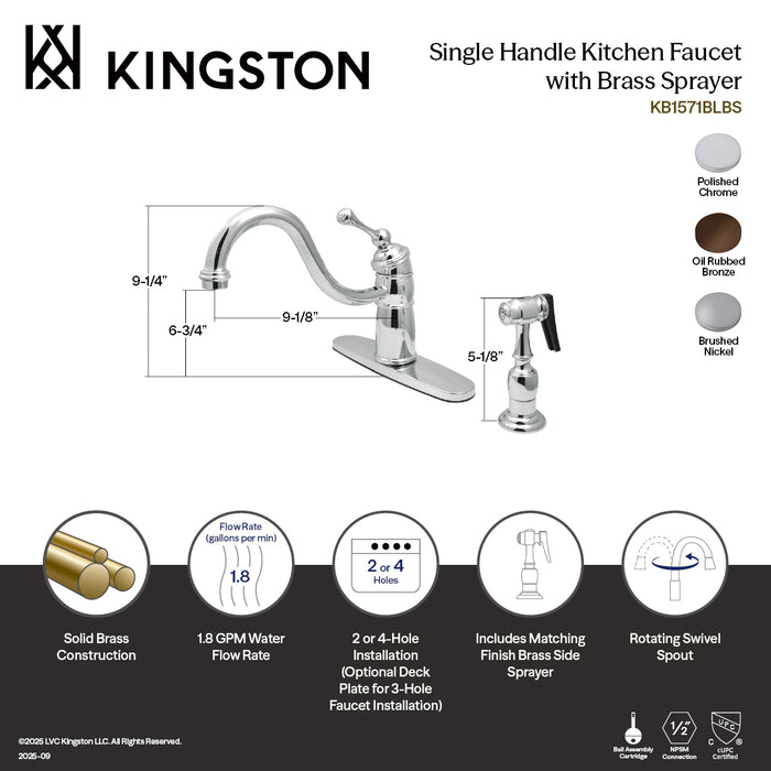 Kingston KB1575BLBS Victorian Single-Handle Kitchen Faucet with Brass Sprayer, Oil Rubbed Bronze