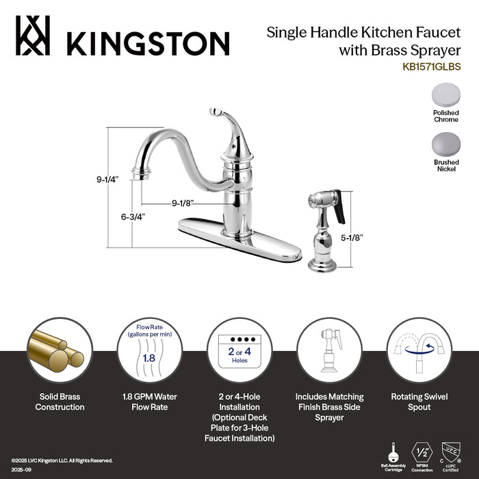 Kingston KB1578GLBS Georgian Single-Handle Kitchen Faucet with Brass Sprayer, Brushed Nickel
