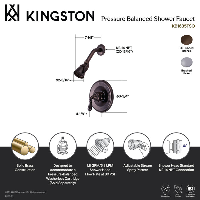 Kingston Brass KB1638TSO  Single-Handle Pressure Balanced Shower Faucet, Trim Only, Brushed Nickel