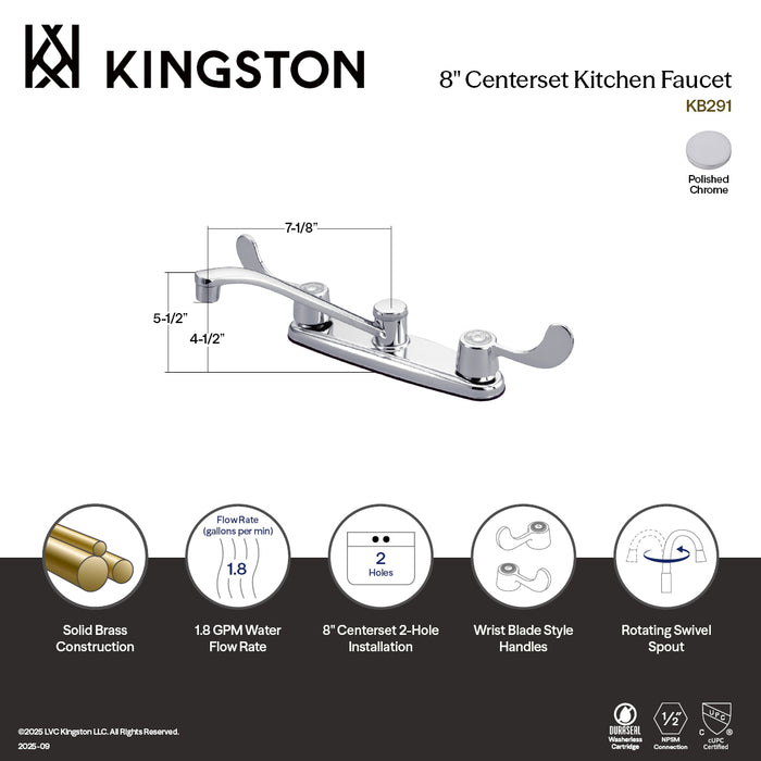 Kingston KB291 Magellan Two-Handle 8" Centerset Kitchen Faucet, Polished Chrome
