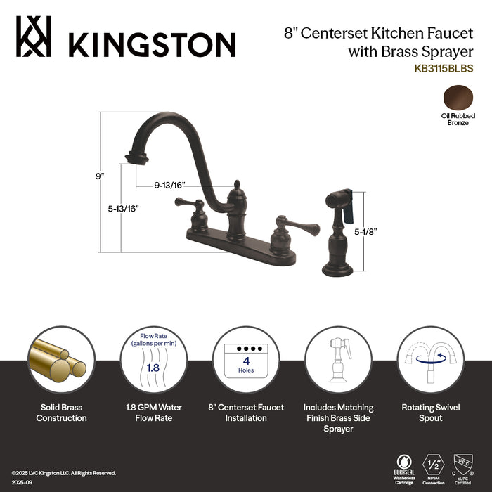 Kingston KB3115BLBS Two-Handle 8" Centerset Kitchen Faucet with Brass Sprayer, Oil Rubbed Bronze