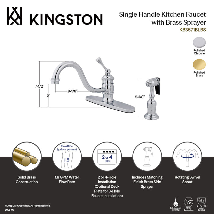 Kingston KB3572BLBS Vintage Single-Handle Kitchen Faucet with Brass Sprayer, Polished Brass