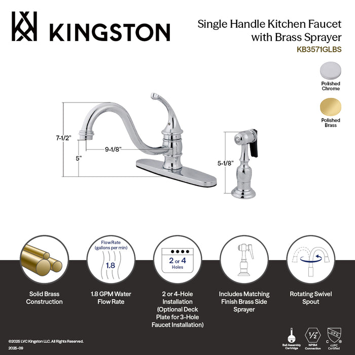 Kingston KB3572GLBS Georgian Single-Handle Kitchen Faucet with Brass Sprayer, Polished Brass