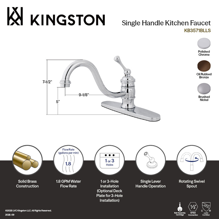 Kingston KB3578BLLS Restoration Single-Handle Kitchen Faucet, Brushed Nickel