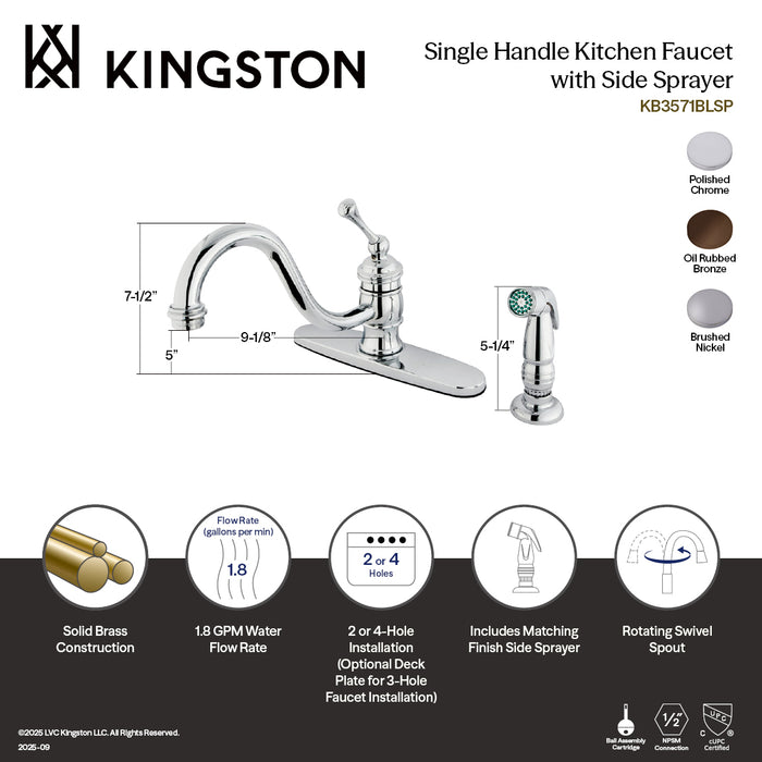 Kingston KB3578BLSP Single-Handle Kitchen Faucet with Side Sprayer, Brushed Nickel