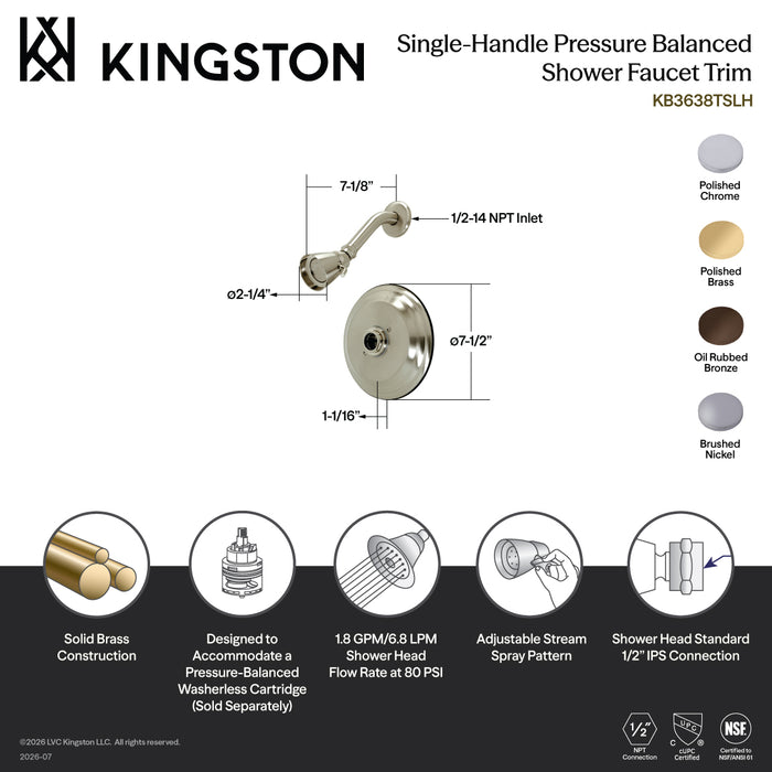 Kingston Brass KB3635TSLH Single-Handle Pressure Balanced Shower Faucet, Trim Only without Handle, Oil Rubbed Bronze