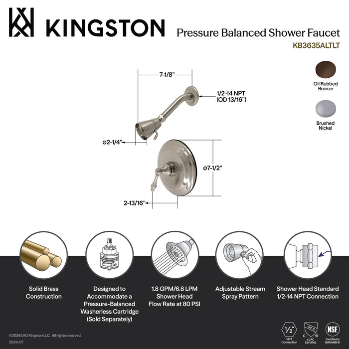 Kingston Brass KB3638ALTLT Single-Handle Pressure Balanced Shower Faucet, Trim Only, Brushed Nickel