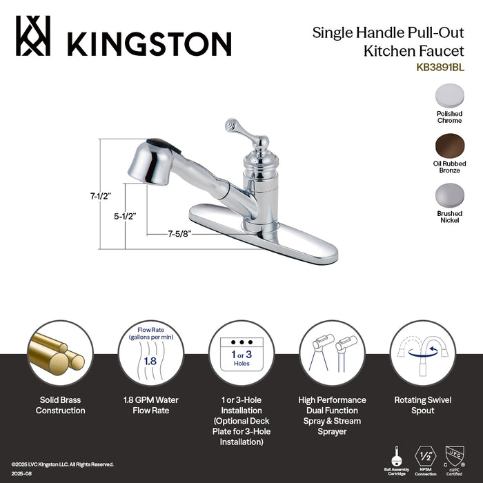 Kingston Brass KB3895BL Vintage 8" Single Handle Pull Out Kitchen Washerless Cartridge, Oil Rubbed Bronze