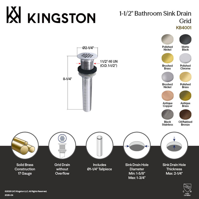 Kingston Brass KB4006 Grid Drain without Overflow, 17 Gauge, Polished Nickel
