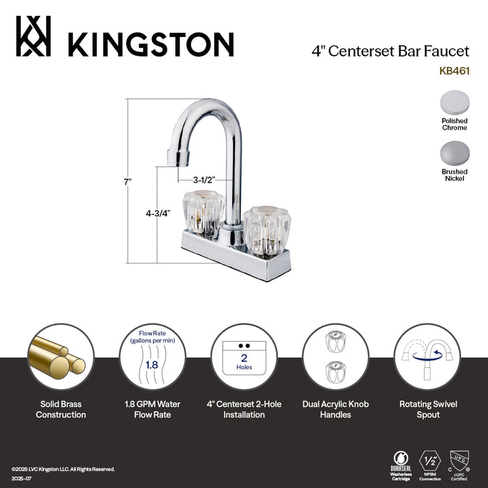 Kingston Brass KB461SN Americana Double-Handle 4" Centerset Bar Faucet, Brushed Nickel