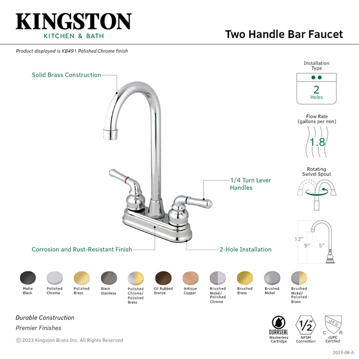 Kingston Brass KB493 Magellan Double-Handle 4" Centerset Bar Faucet, Black Stainless