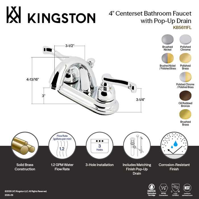 Kingston Brass KB5611FL Royale Double-Handle 4" Centerset Bathroom Faucet with Pop-Up Drain, Polished Chrome