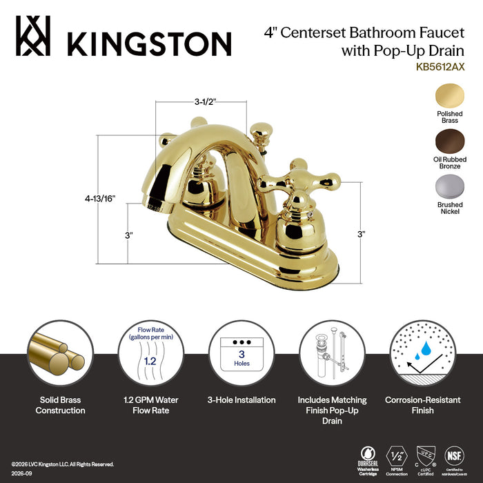 Kingston Brass KB5618AX Restoration Double-Handle 4" Centerset Bathroom Faucet with Pop-Up Drain, Brushed Nickel