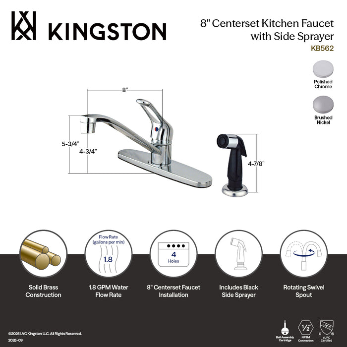 Kingston KB562SN Wyndham Single-Handle 8" Centerset Kitchen Faucet with Side Sprayer, Brushed Nickel