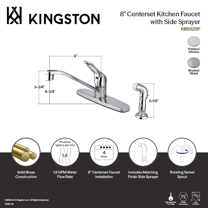 Kingston KB562SP Wyndham Single-Handle 8" Centerset Kitchen Faucet with Side Sprayer, Polished Chrome