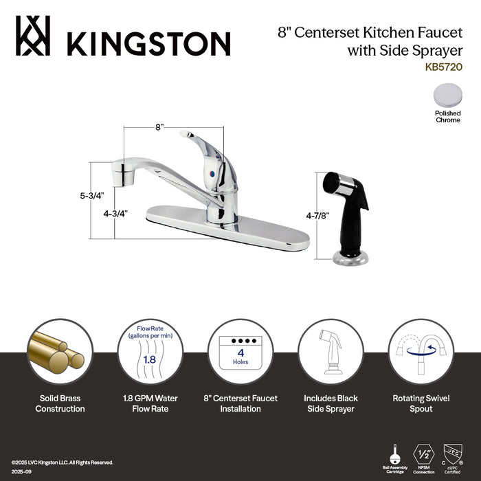 Kingston KB5720 Chatham Single-Handle 8" Centerset Kitchen Faucet with Side Sprayer, Polished Chrome