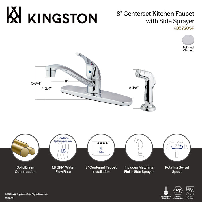 Kingston KB5720SP Single-Handle 8" Centerset Kitchen Faucet with Side Sprayer, Polished Chrome
