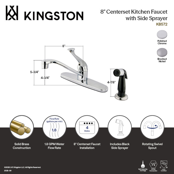 Kingston KB572SN Chatham Single-Handle 8" Centerset Kitchen Faucet with Side Sprayer, Brushed Nickel
