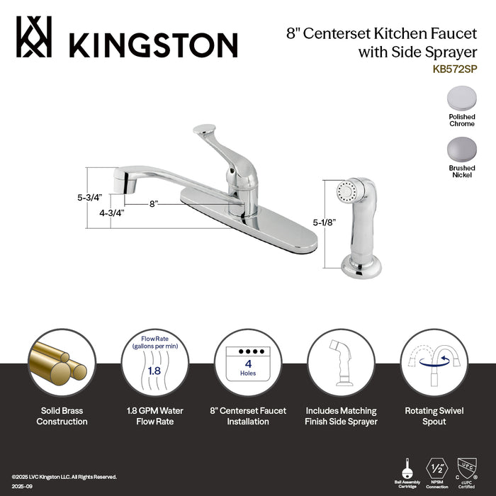 Kingston KB572SNSP Single-Handle 8" Centerset Kitchen Faucet with Side Sprayer, Brushed Nickel