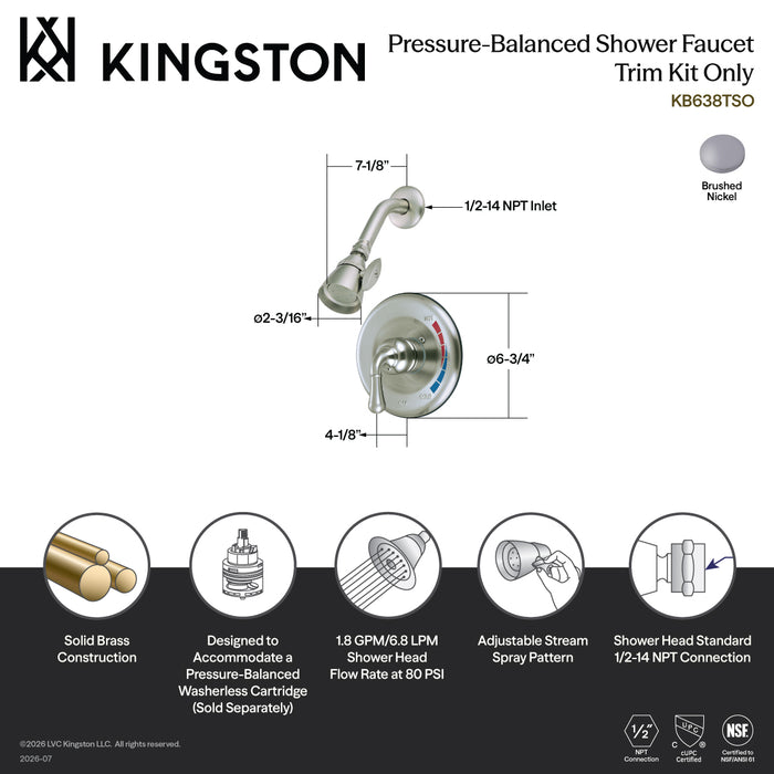 Kingston Brass KB638TSO Single-Handle Pressure Balanced Shower Faucet, Trim Only, Brushed Nickel