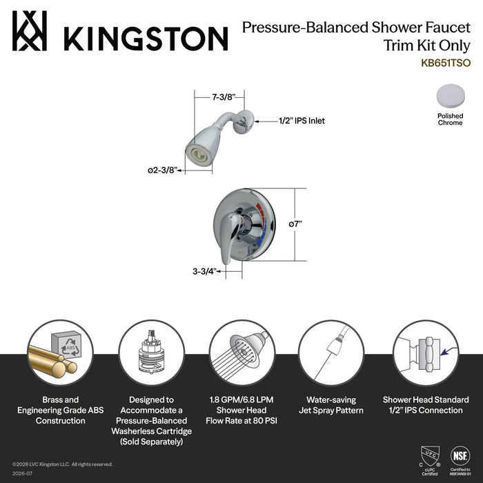Kingston Brass KB651TSO Single-Handle Pressure Balanced Shower Faucet, Trim Only, Polished Chrome
