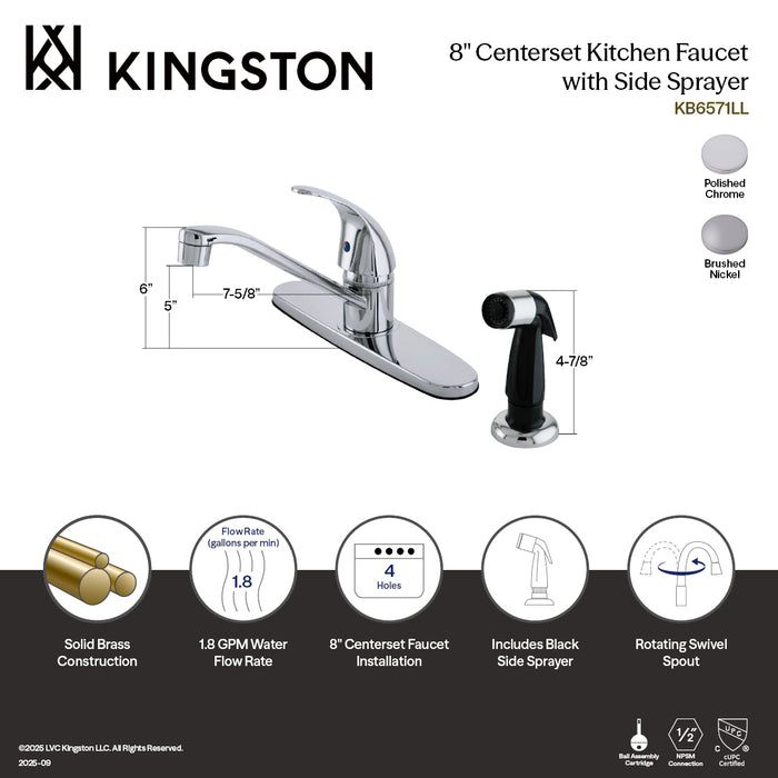Kingston KB6578LL Legacy Single-Handle 8" Centerset Kitchen Faucet with Side Sprayer, Brushed Nickel