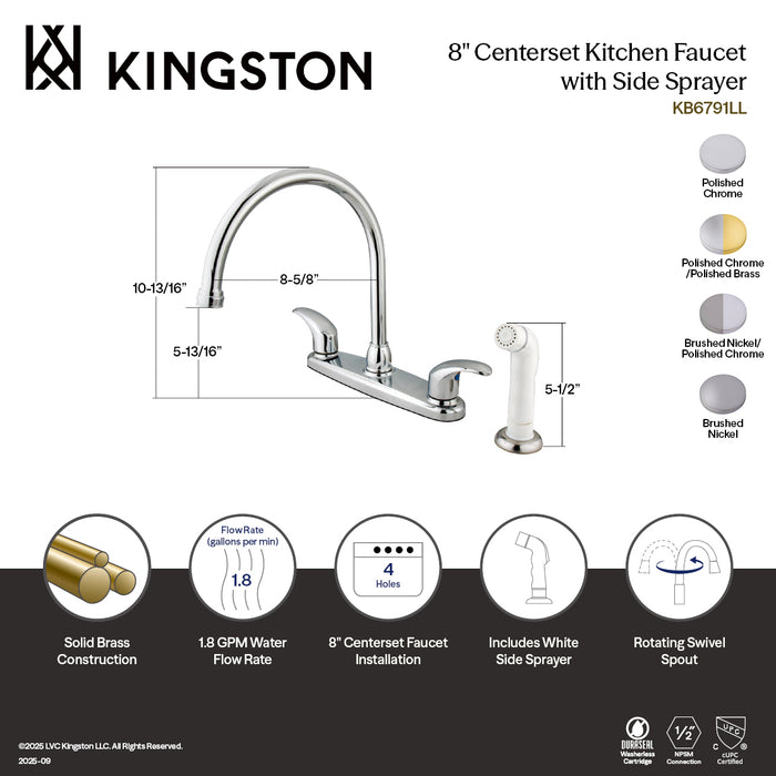 Kingston KB6797LL Legacy Two-Handle 8" Centerset Kitchen Faucet with Side Sprayer, Brushed Nickel/Polished Chrome