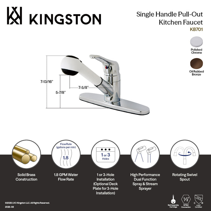 Kingston Brass KB705 Wyndham Single Loop Handle Pull-Out Kitchen Faucet With Sprayer, Oil Rubbed Bronze