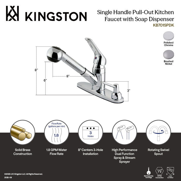 Kingston Brass KB708SPDK Pull-Out Kitchen Faucet, Brushed Nickel