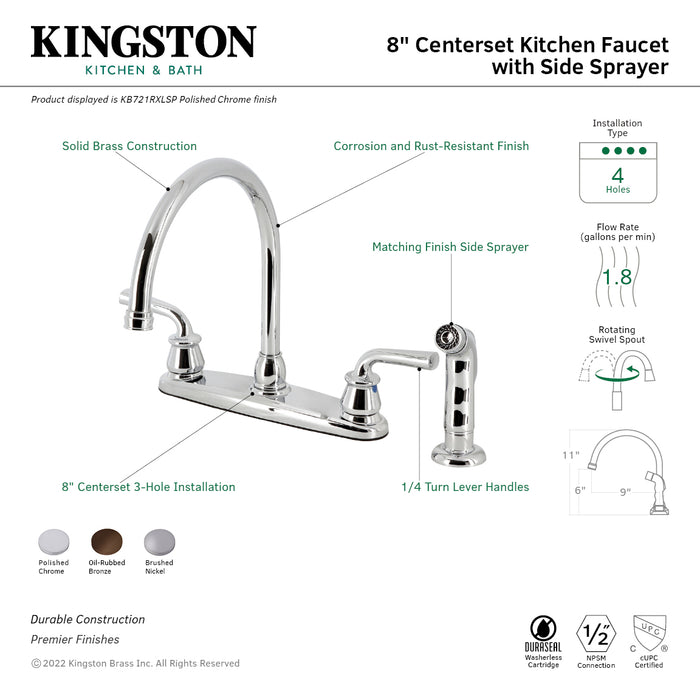 Kingston Brass KB725RXLSP Restoration Double-Handle 8" Centerset Kitchen Faucet with Side Sprayer, Oil Rubbed Bronze
