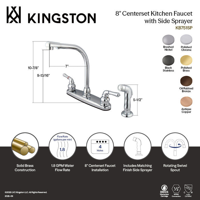 Kingston KB752SP Magellan Two-Handle 8" Centerset Kitchen Faucet with Side Sprayer, Polished Brass
